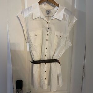 Worthington White Sleeveless Button-Down Shirt with Belt